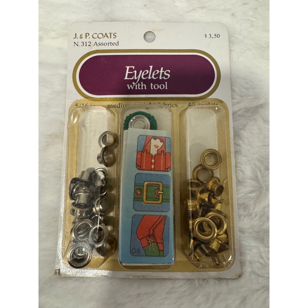 Vintage J & P Coats N. 312 Assorted Eyelets with Tool 5/16 Inch 40 Count Kit